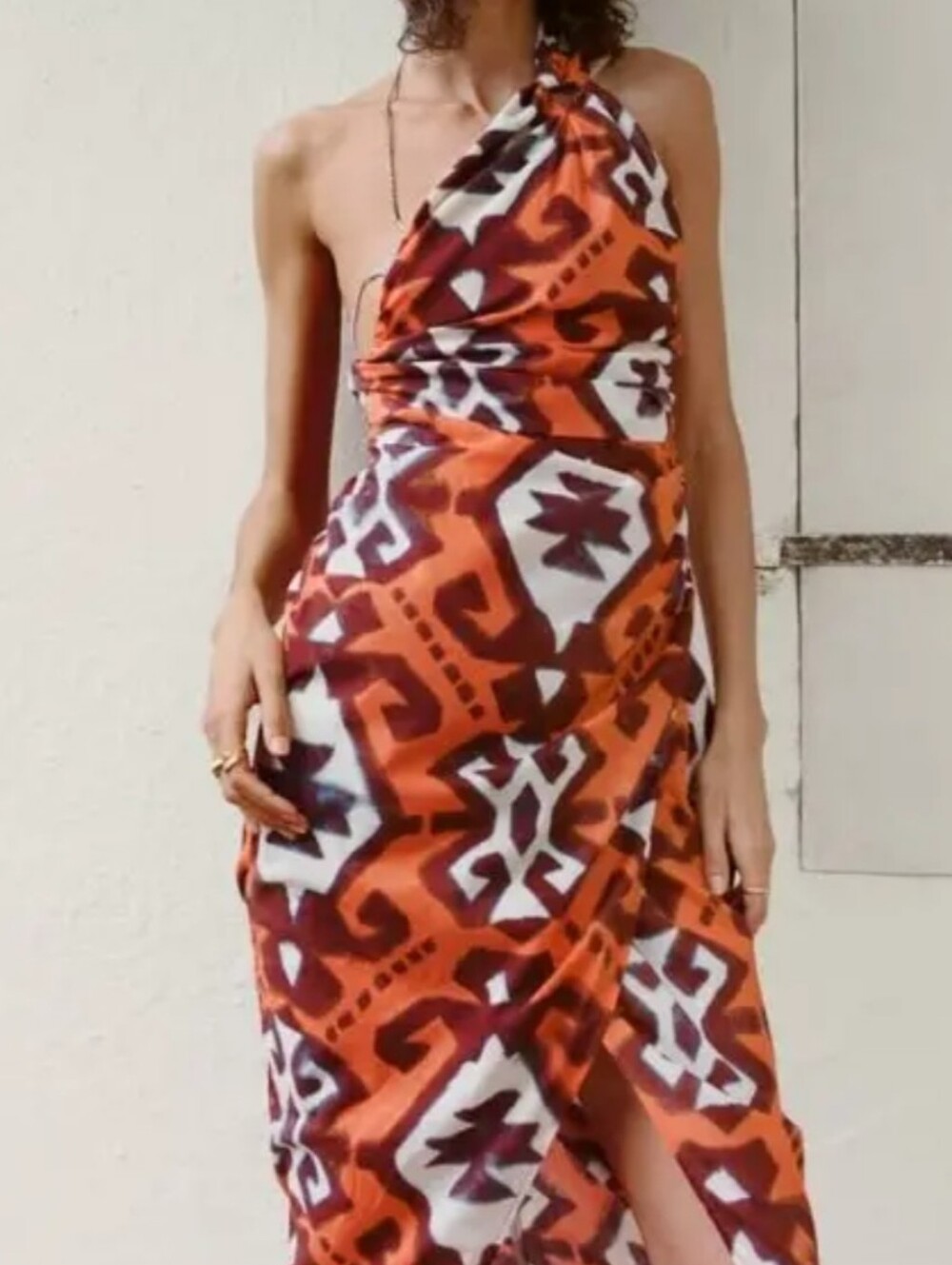 Zara One Shoulder Midi Dress Asymmetric Geometric Print Blogger Favorite L Brown